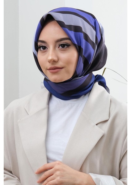 Çizgili Desen Mavi Pamuk Eşarp