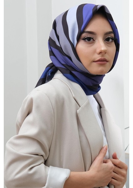 Çizgili Desen Mavi Pamuk Eşarp