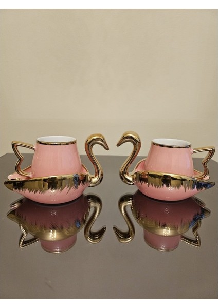 Kuğulu Gold Pembe Fincan 2'li Set