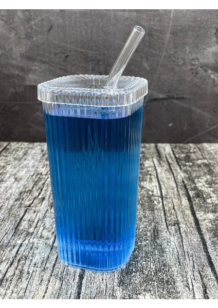 Kare Mika Kapaklı Pipetli Pinterest Bardak Soğuk Kahve Meşrubat Bardağı (Pipet Cam Bardak Mikadır) 2 Adet