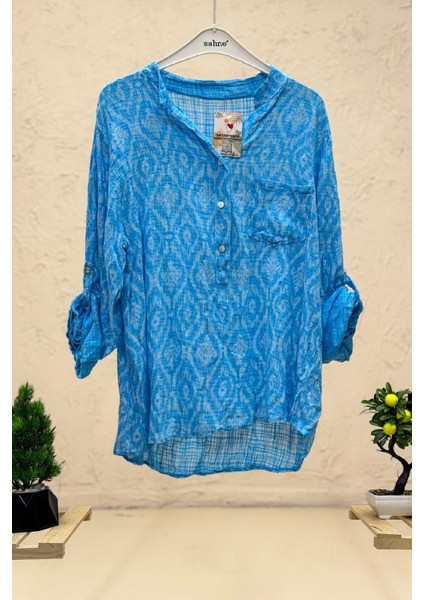 Yeni Çini Desen Hakim Yaka Keten Gömlek