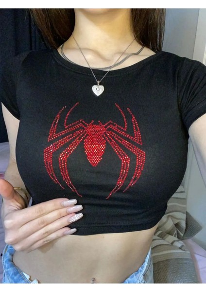 Siyah Kırmızı Parıltılı Taşlı Örümcek Adam Spiderman Desen Kadın Crop Body