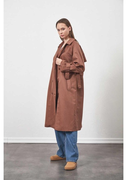 Tokalı Oversize Trenchcoat Kahve