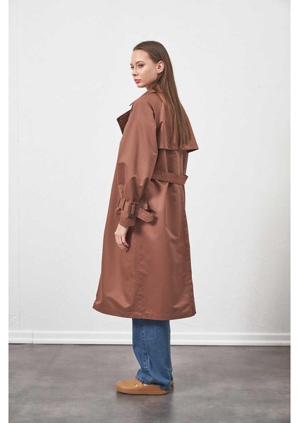 Tokalı Oversize Trenchcoat Kahve