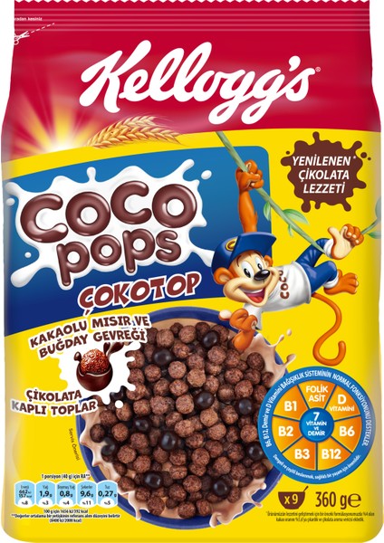 Coco Pops Çokotop Çikolatalı Buğday ve Mısır Gevreği 360 Gr; Lif; Demir ve 6 Vitamin içerir