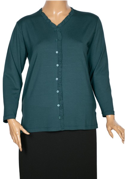 Cimariva Kadın Ülkü Büyük Beden Fırfırlı V Yaka Zümrüt Bluz