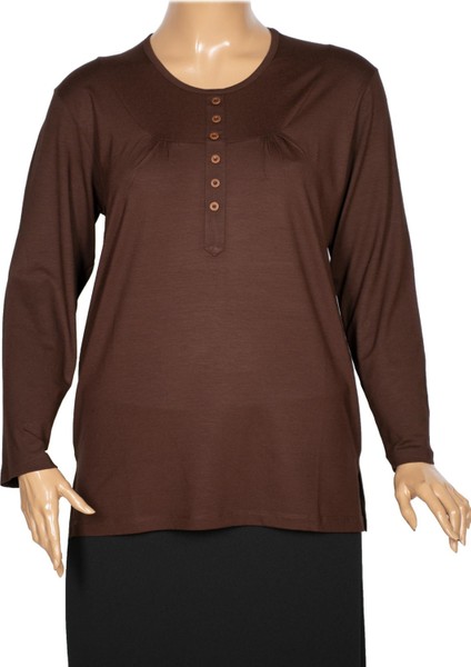 Cimariva Kadın Arsu Büyük Beden Robalı Süs Düğmeli Kahverengi Bluz
