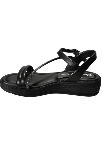 Yazkış Kadın Siyah Ten Cilt Çift Bantlı Üzeri Çapraz Taşlı 4cm Kalın Taban Sandalet modelleri