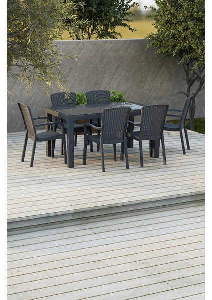 90X150 cm Rattan 6 Kişilik Masa Takımı Camlı Sedan Sandalye Bahçe Teras Takımı Oturma Grubu
