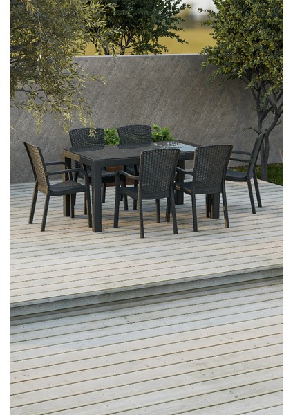 90X150 cm Rattan 6 Kişilik Masa Takımı Camlı Sedan Sandalye Bahçe Teras Takımı Oturma Grubu