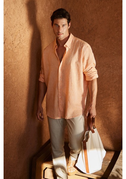 Comfort Fit Rahat Kesim Düğmeli Yaka Keten Gömlek