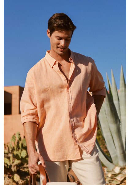 Comfort Fit Rahat Kesim Düğmeli Yaka Keten Gömlek fiyatları