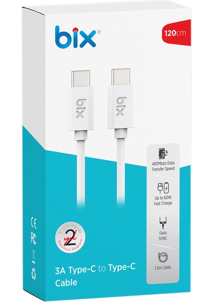 BX-UC02C 60W Type-C To Type-C Hızlı Şarj ve Data Kablosu 1.2 Metre