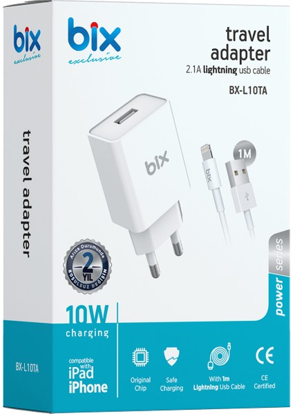 BX-L10TA iPhone Uyumlu 10W Seyahat Şarj Cihazı Lightning Kablo iPhone / iPad Şarj Cihazı