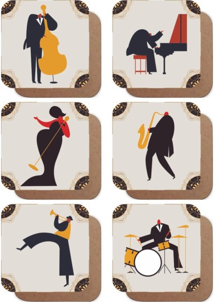 Major Selection Jazz Müzik Müzisyenleri 6'lı Retro Ahşap Bardak Altlığı Seti
