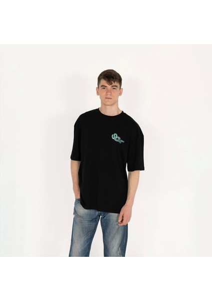 Outfit Oversized Sql Baskılı Erkek Siyah T-Shirt