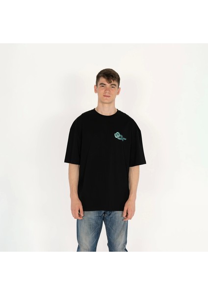 Outfit Oversized Sql Baskılı Erkek Siyah T-Shirt