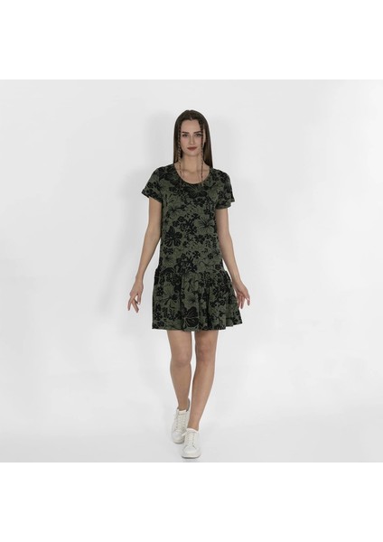 Outfit Metraj Baskılı Kadın Siyah Haki Fırfırlı Elbise