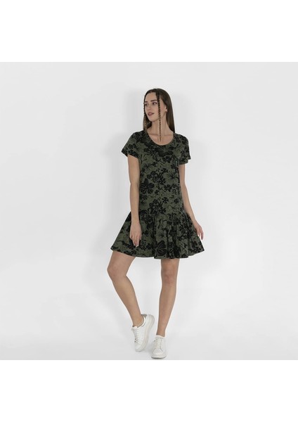Outfit Metraj Baskılı Kadın Siyah Haki Fırfırlı Elbise