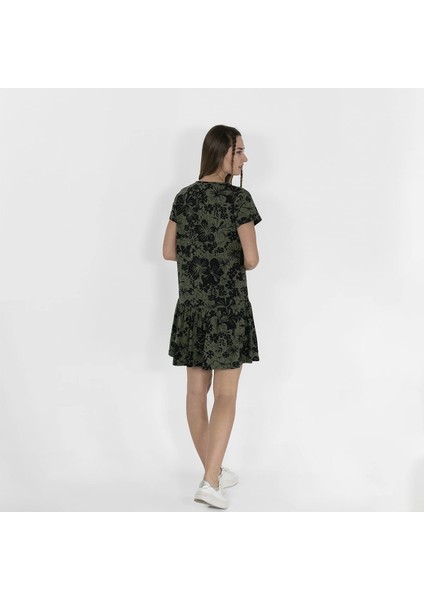 Outfit Metraj Baskılı Kadın Siyah Haki Fırfırlı Elbise