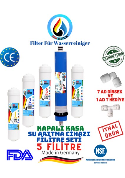 Aqua Deutsche 5 Filitre 5 Aşama Kapalı Kasa Su Arıtma Cihazları Için Inline Filitre Seti.