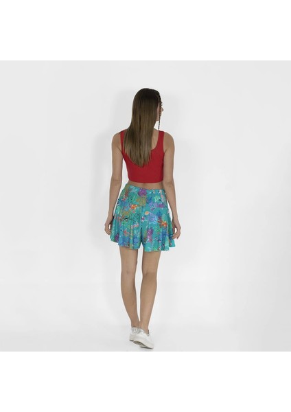Outfit Beli Lastikli Şortlu Kadın Yeşil Baskılı Etek