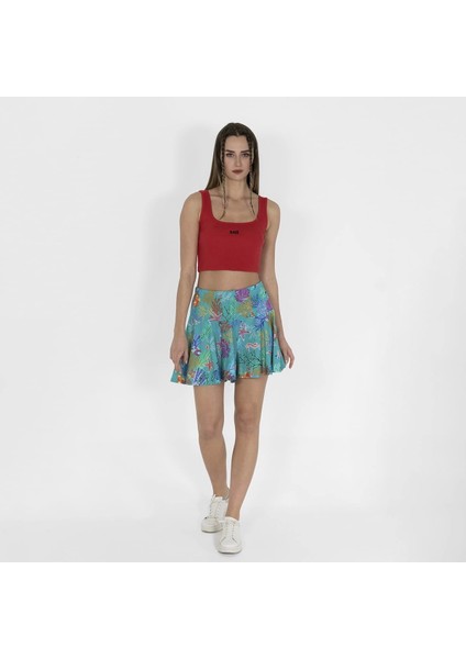 Outfit Beli Lastikli Şortlu Kadın Yeşil Baskılı Etek
