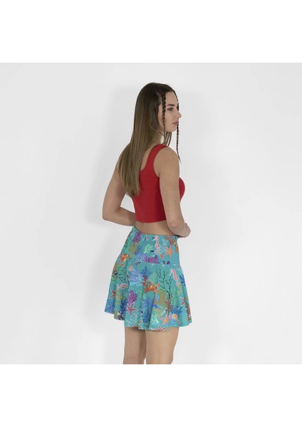 Outfit Beli Lastikli Şortlu Kadın Yeşil Baskılı Etek