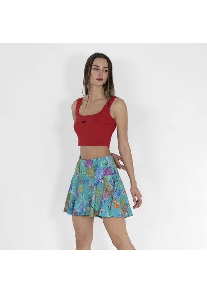 Outfit Beli Lastikli Şortlu Kadın Yeşil Baskılı Etek