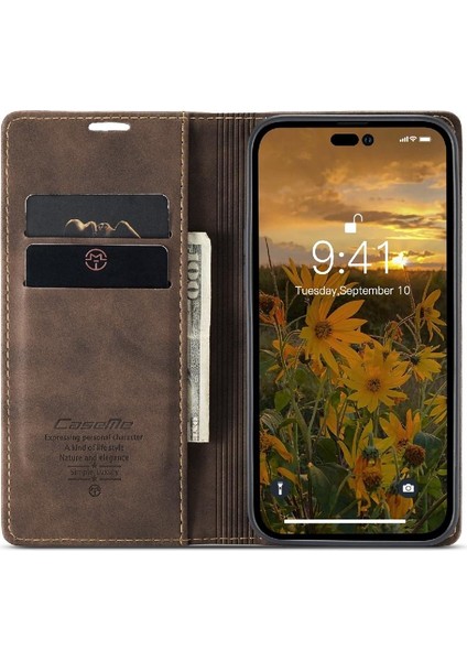 Iphone 14 Için Flip Case Pro Max Vintage Pu Deri Cüzdan Manyetik Kapatma (Yurt Dışından)