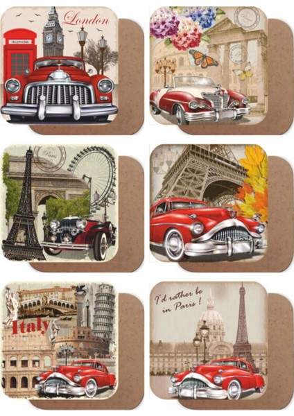 Major Selection Londra Paris Roma Klasik Arabalar 6lı Ahşap Bardak Altlığı Seti