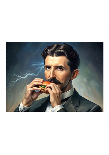 Nikola Tesla ve Hamburger Hediyelik Mdf Tablo 25CMX 35CM