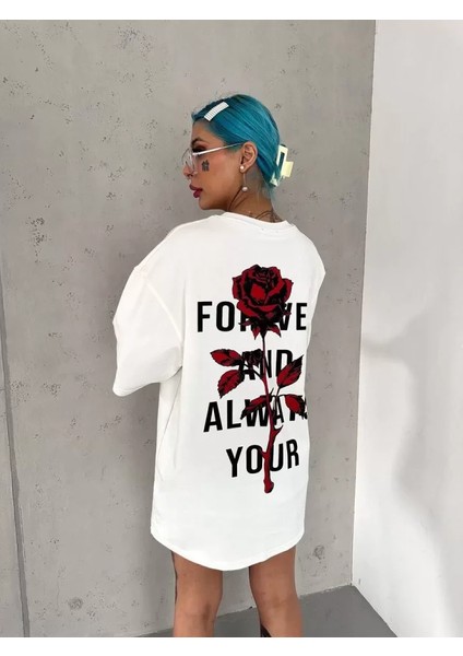 Unisex Bisiklet Yaka Baskılı Oversize T-Shirt - Beyaz
