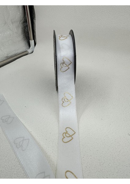 2.5 cm Kalp Desenli Saten Kurdele-Beyaz-5 Metre