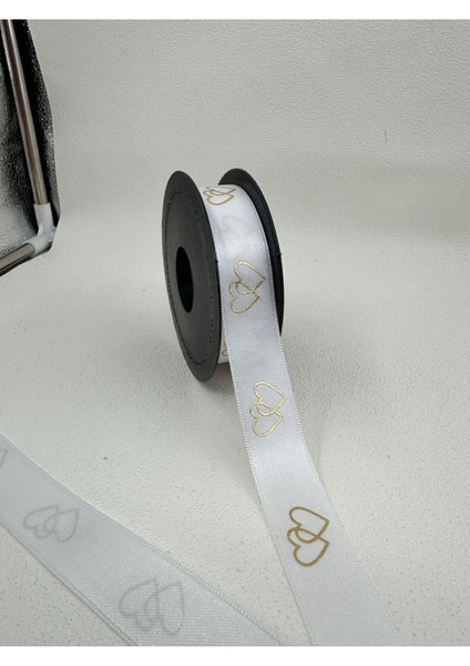 2.5 cm Kalp Desenli Saten Kurdele-Beyaz-5 Metre