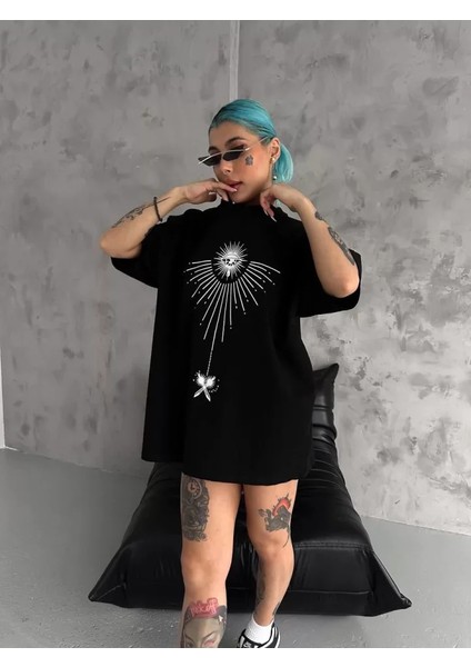 Unisex Bisiklet Yaka Baskılı Oversize T-Shirt - Siyah