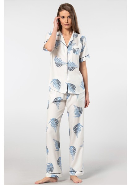 3604 Kadın Kısa Kollu Dokuma Gömlek Pijama Takım-Ekru