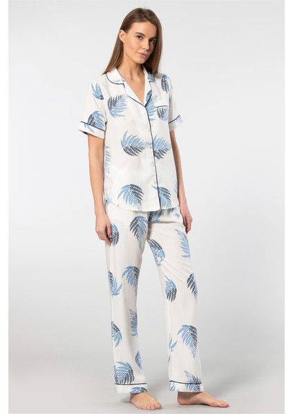3604 Kadın Kısa Kollu Dokuma Gömlek Pijama Takım-Ekru