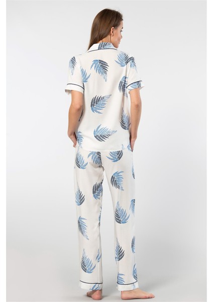 3604 Kadın Kısa Kollu Dokuma Gömlek Pijama Takım-Ekru