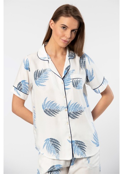 3604 Kadın Kısa Kollu Dokuma Gömlek Pijama Takım-Ekru
