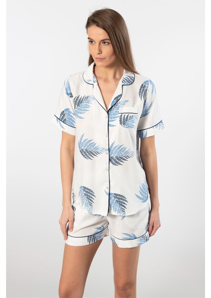 3605 Kadın Kısa Kollu Şortlu Gömlek Pijama Takım-Ekru