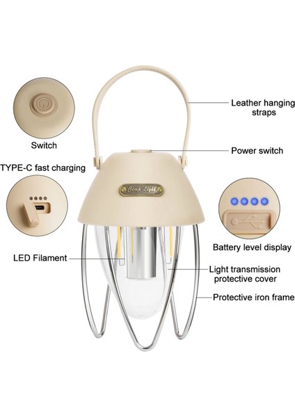 USB Şarjlı Kamp Lambası Şarj Göstergeli Evinizde Bahçenizde Dekor ve Aydınlatma Fener Su Geçirmez