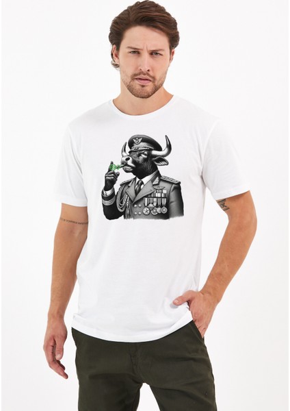 General Boğa Baskılı Yapay Zeka Tasarımı Penye Rahat Kalıp %100 Pamuk Erkek T-Shirt