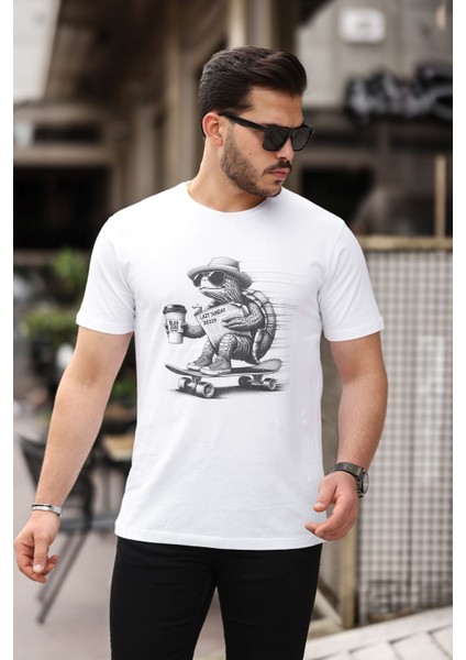 Kaplumbağa Kaykay Baskılı Yapay Zeka Tasarımı Penye Rahat Kalıp %100 Pamuk Erkek T-Shirt