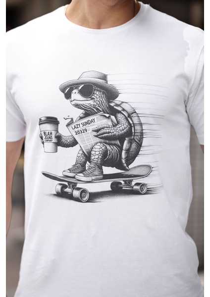 Kaplumbağa Kaykay Baskılı Yapay Zeka Tasarımı Penye Rahat Kalıp %100 Pamuk Erkek T-Shirt modelleri