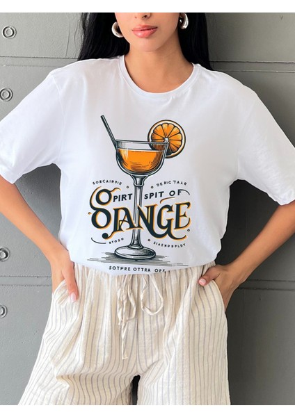 Orange Baskılı Yapay Zeka Tasarımı Penye Oversize %100 Pamuk Kadın T-Shirt
