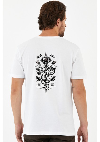 Sırtı Yılan Gül Baskılı Yapay Zeka Tasarımı Penye Rahat Kalıp %100 Pamuk Erkek T-Shirt