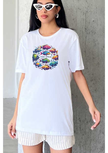 Fish Cycle Baskılı Yapay Zeka Tasarımı Penye Oversize %100 Pamuk Kadın T-Shirt