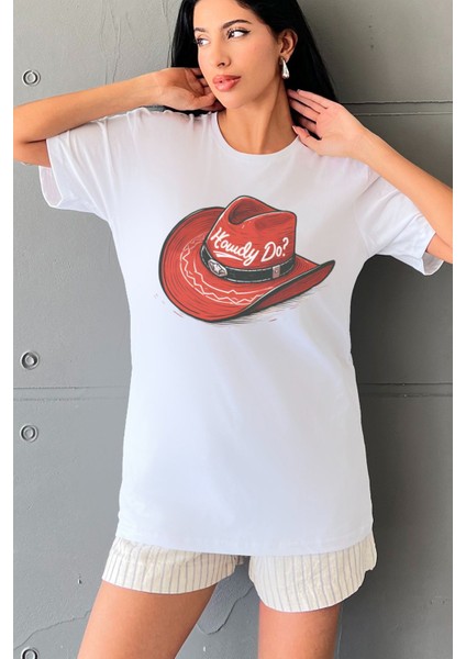 Kovboy Şapka Baskılı Yapay Zeka Tasarımı Ekolojik Penye Oversize %100 Pamuk Kadın T-Shirt