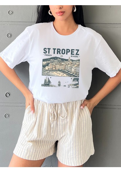 St Tropez Baskılı Yapay Zeka Tasarımı Penye Oversize %100 Pamuk Kadın T-Shirt